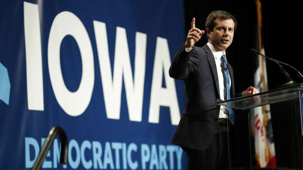 Pete Buttigieg gives a speech in Iowa