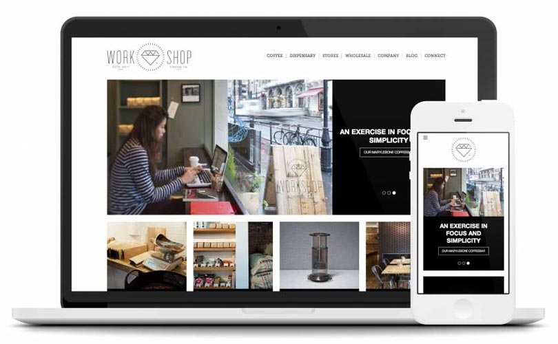 workshop coffee website laptop and mobile screenshot