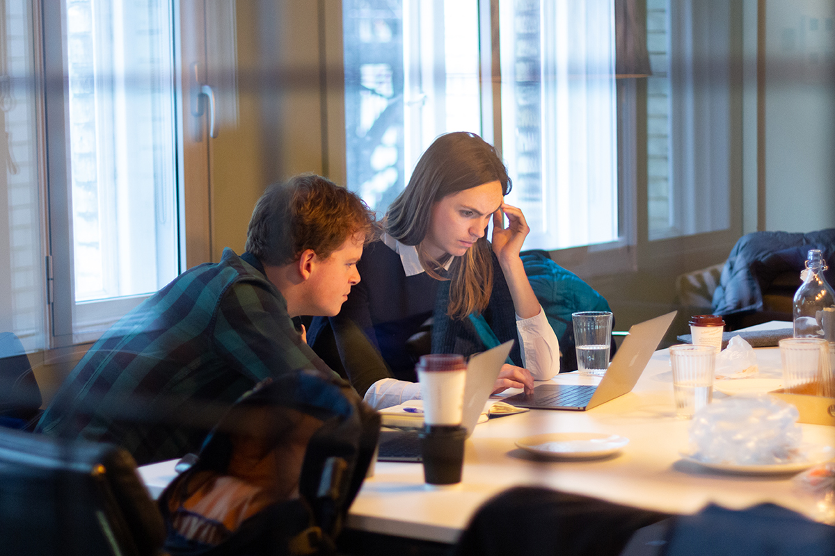 Two people work at a laptop during the Browser JAMS 2018 event