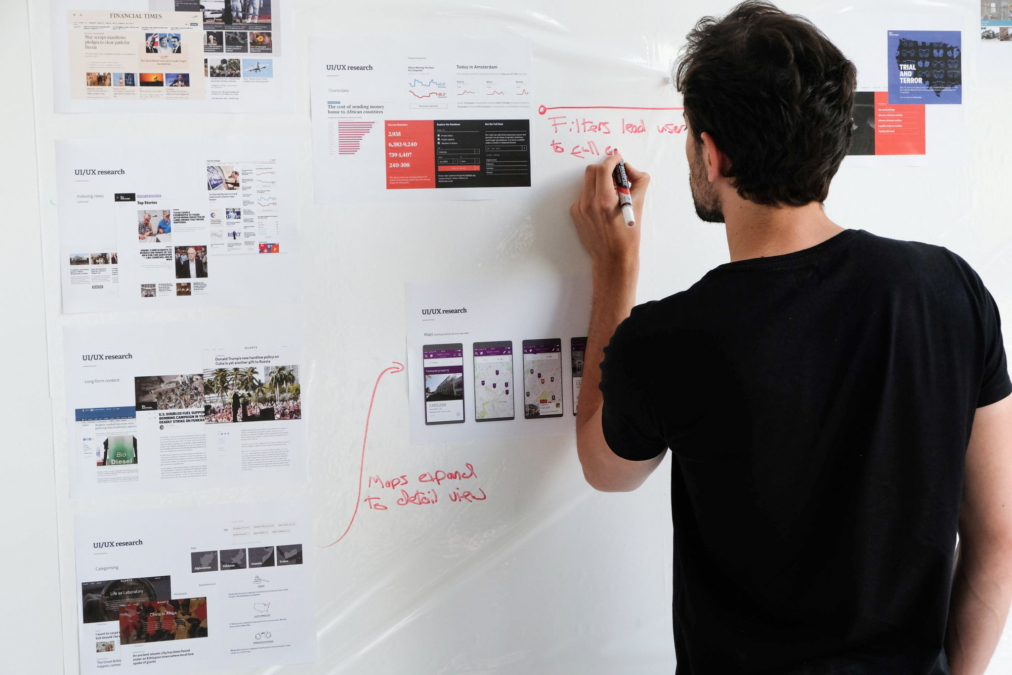 A researcher maps out user journeys on a whiteboard as part of a UX exercise