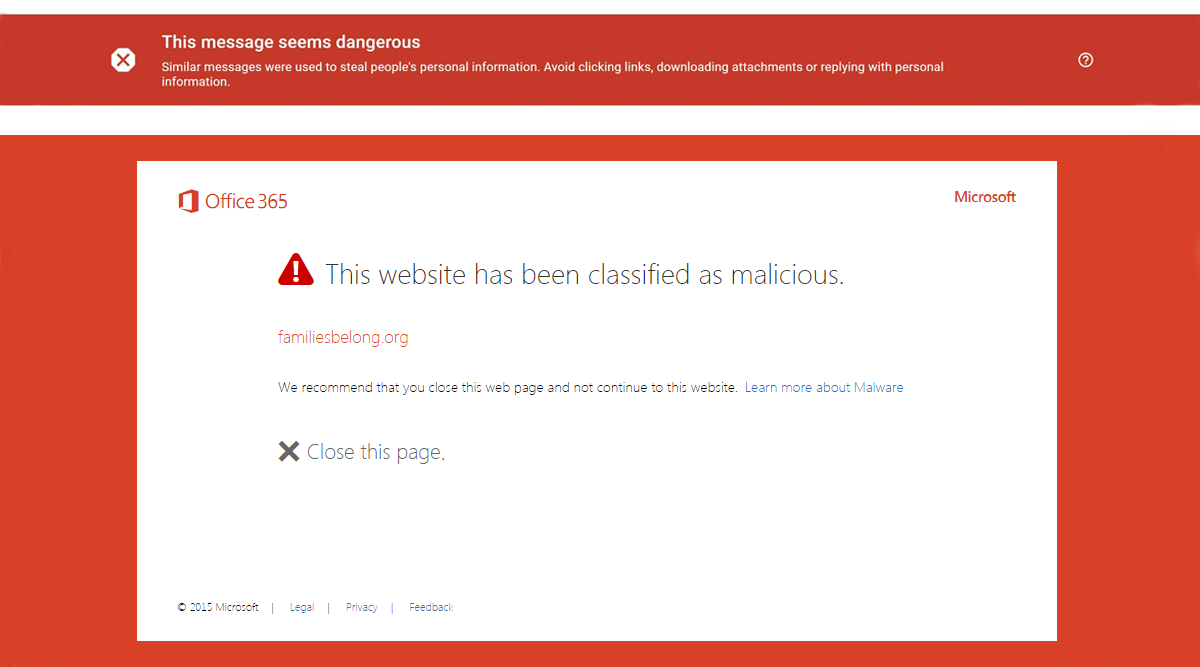 Screen shots of Google Gmail and Microsoft Office 365 phishing warnings
