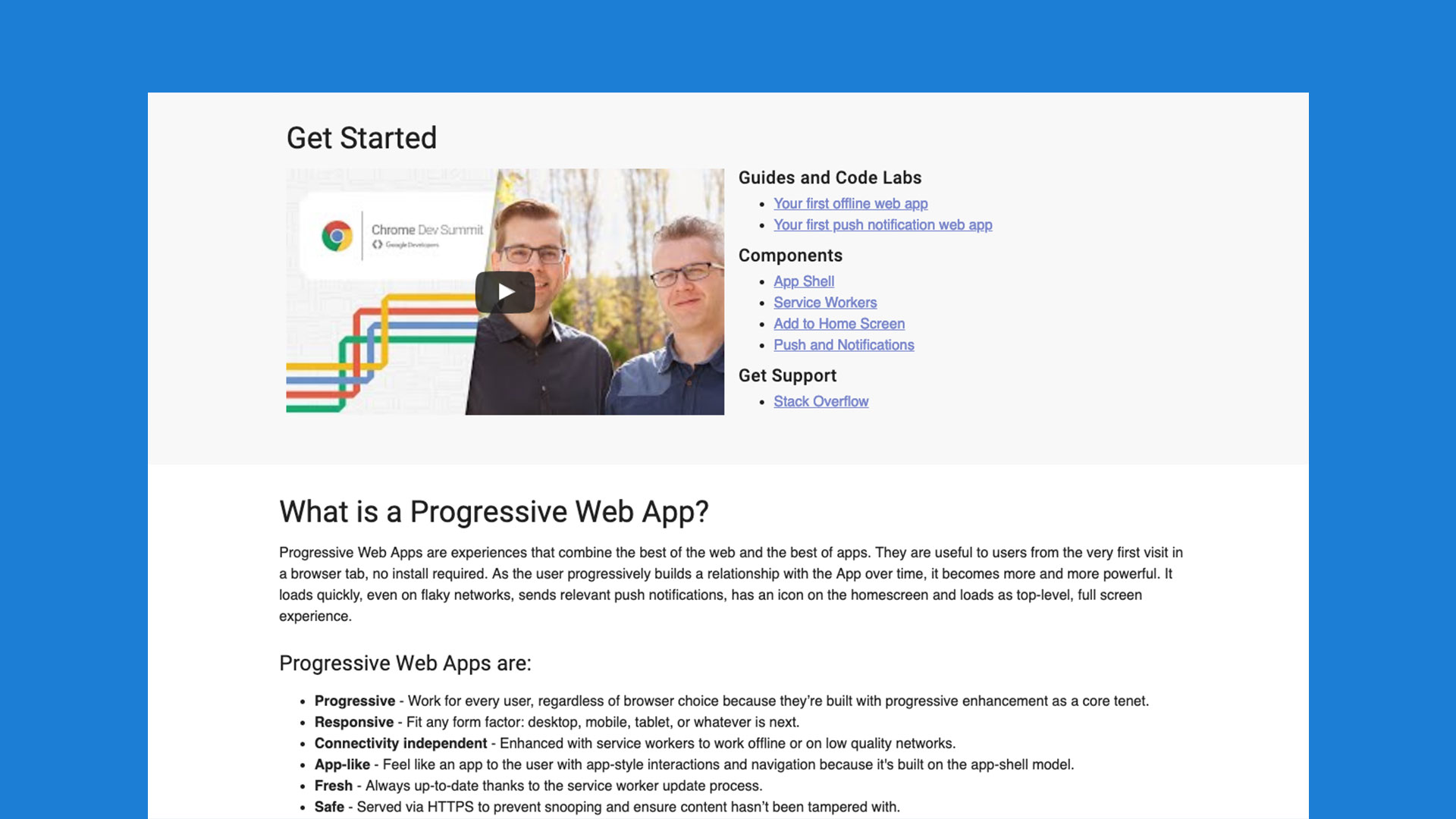 A screenshot of the original Google progressive web app page