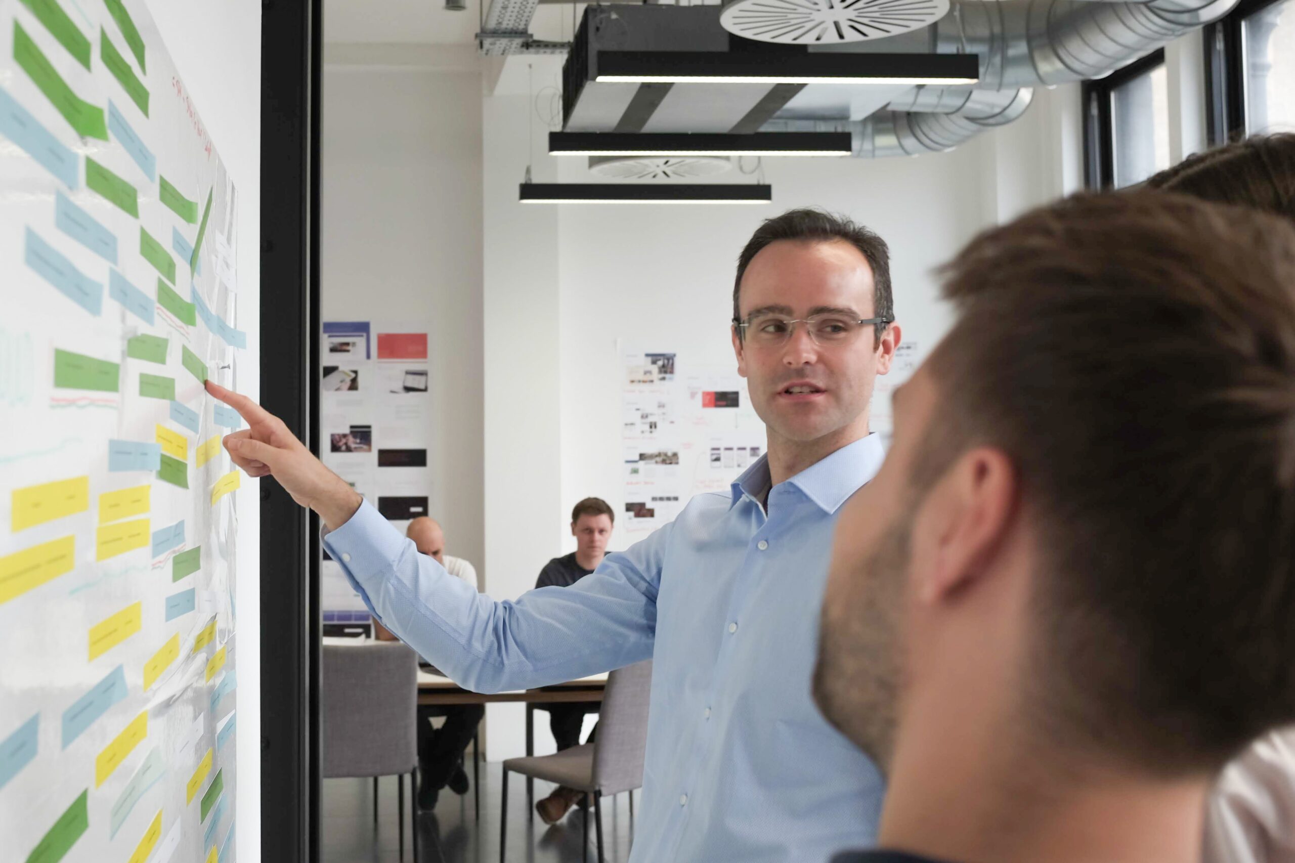 a team prioritises product features on a whiteboard as part of a MoSCoW process