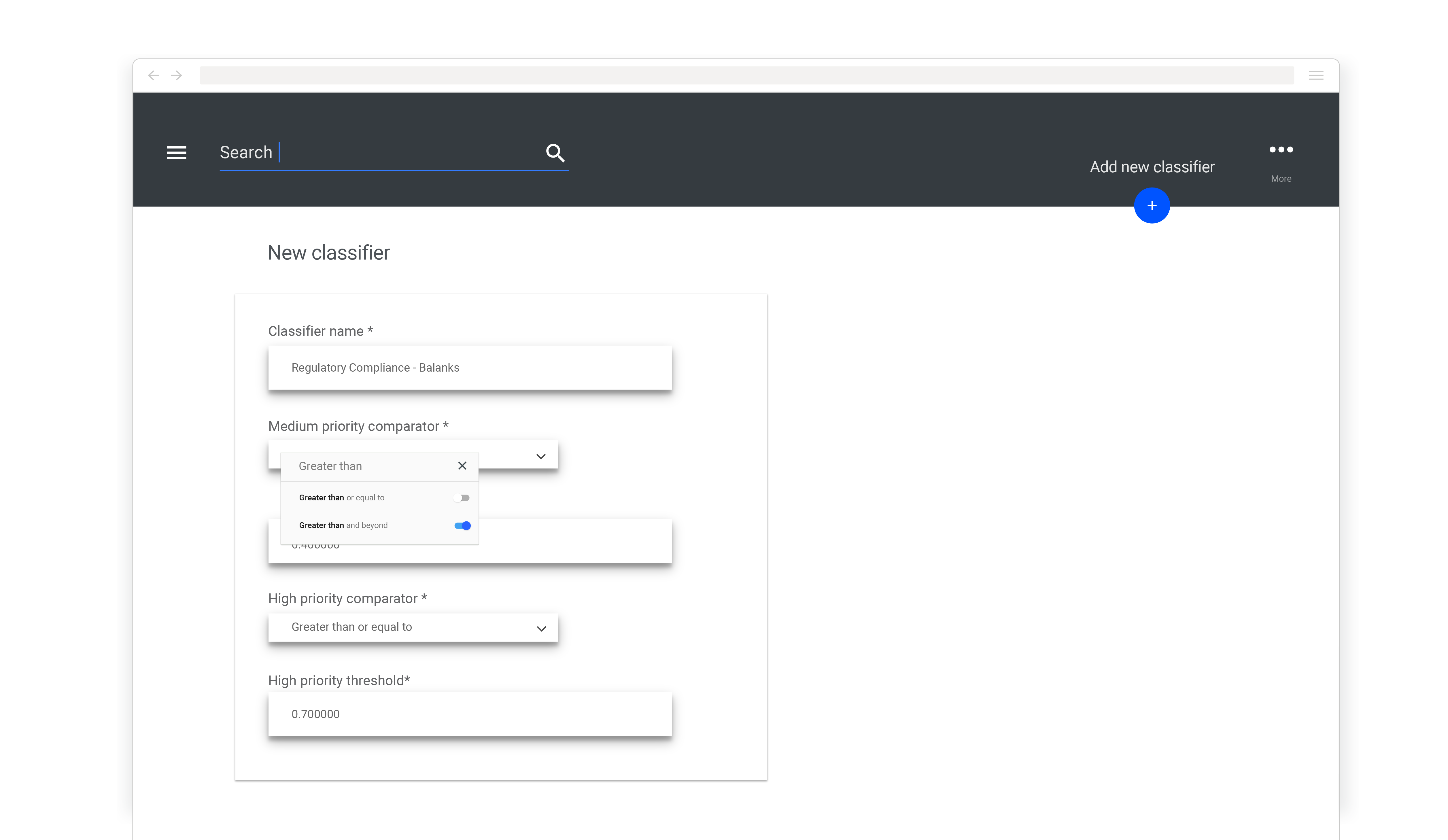 A screen shot showing how classifiers are constructed within the app