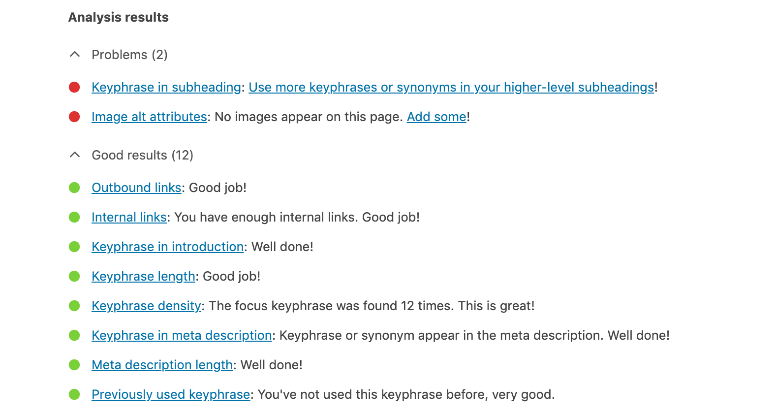 An example of the feedback from the Yoast WordPress plugin
