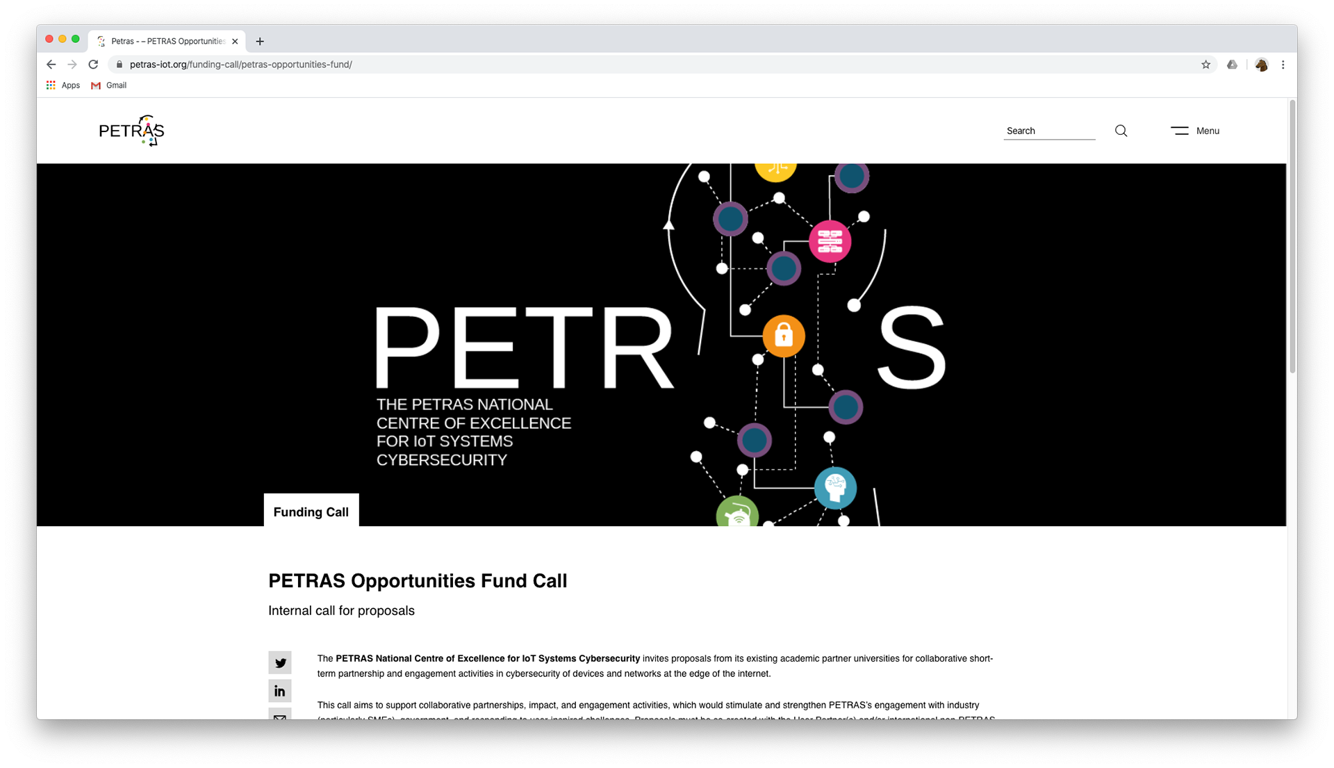 Screenshot of the PETRAS funding call platform website