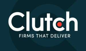 Clutch logo white on blue