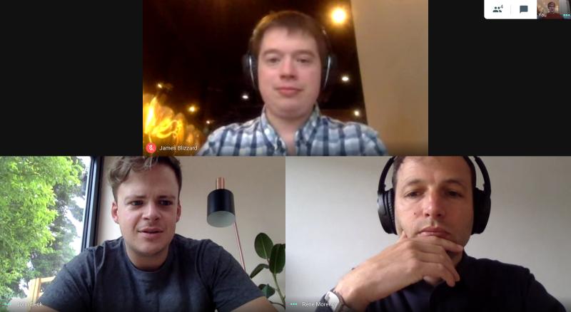 Three people use a video call platform while working from home