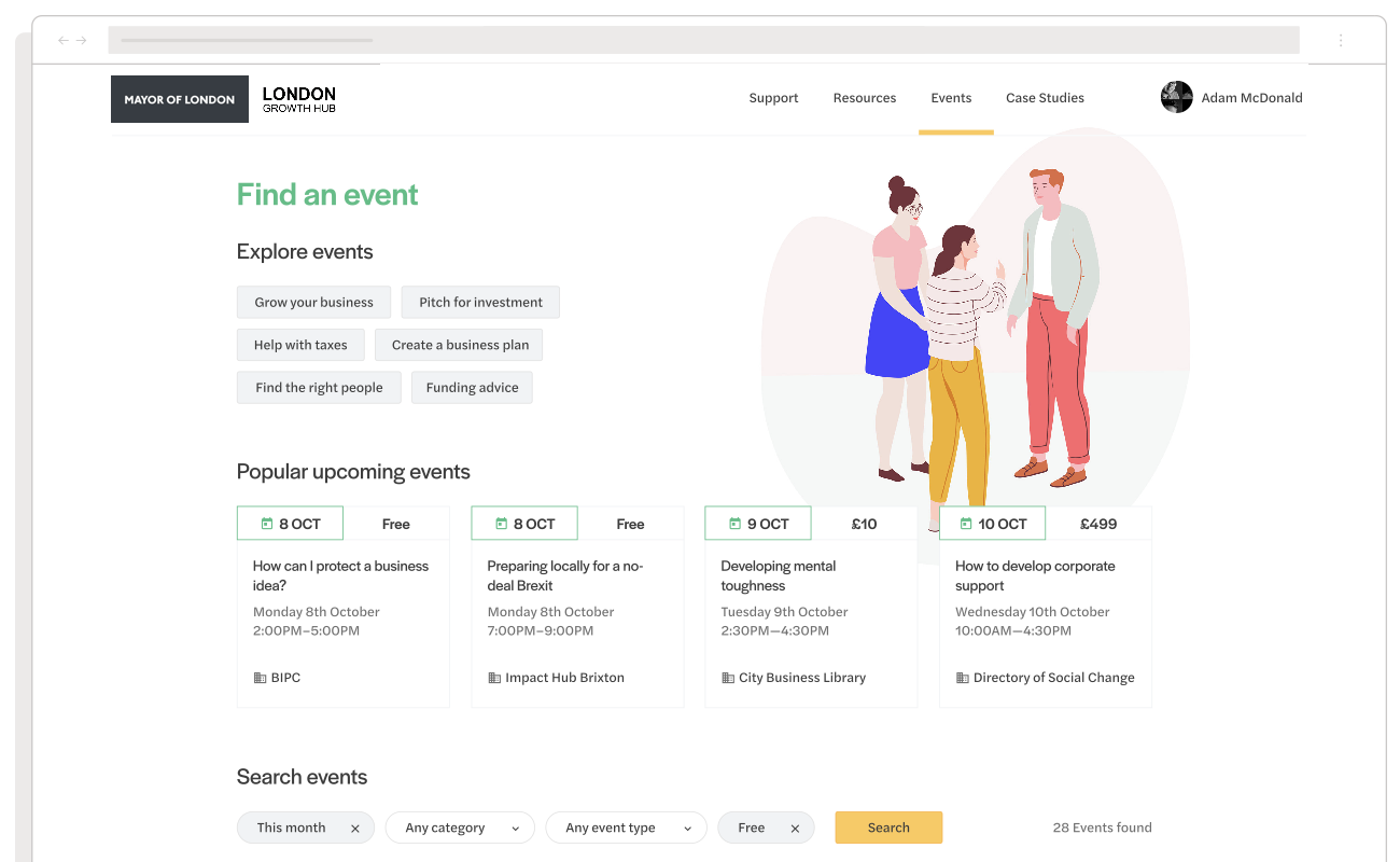 An example of the London Growth Hub events page
