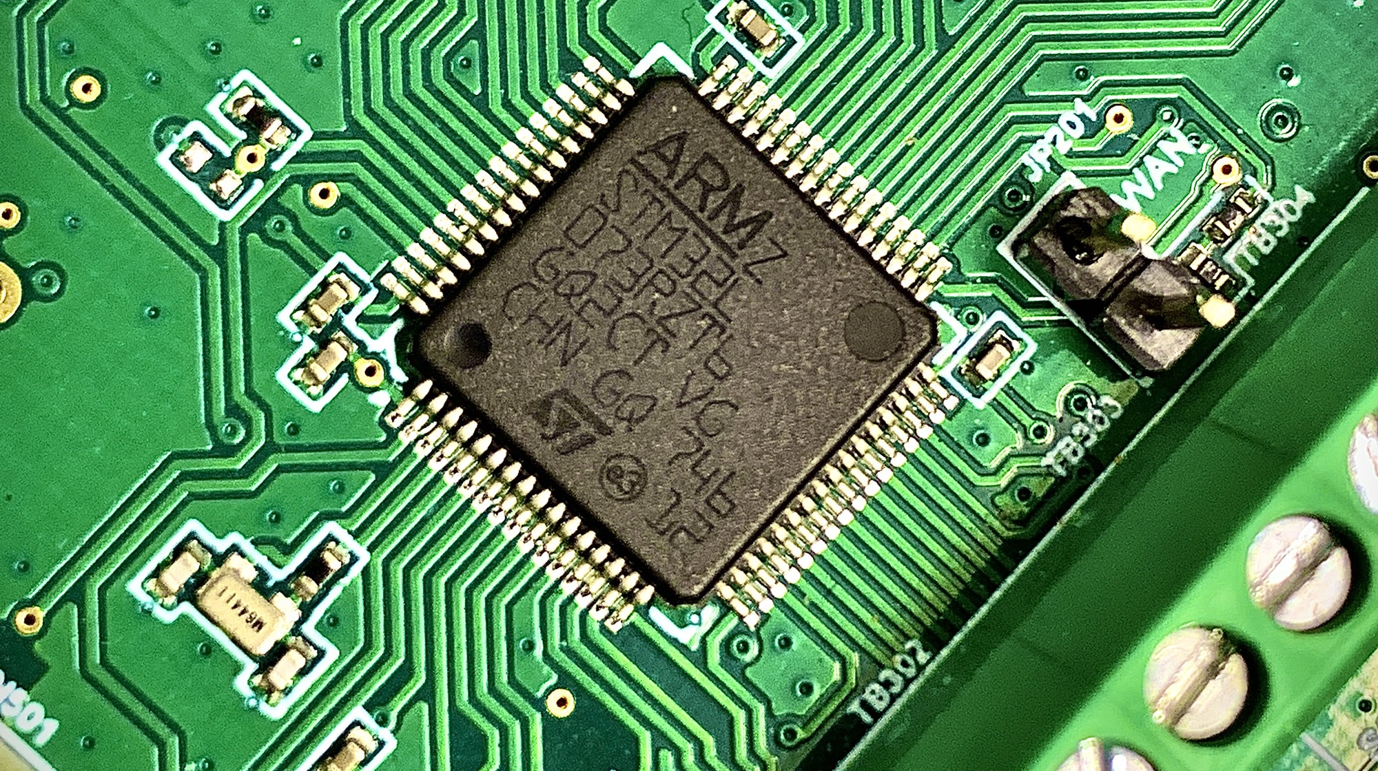 Close up of an ARM processor on a circuit board