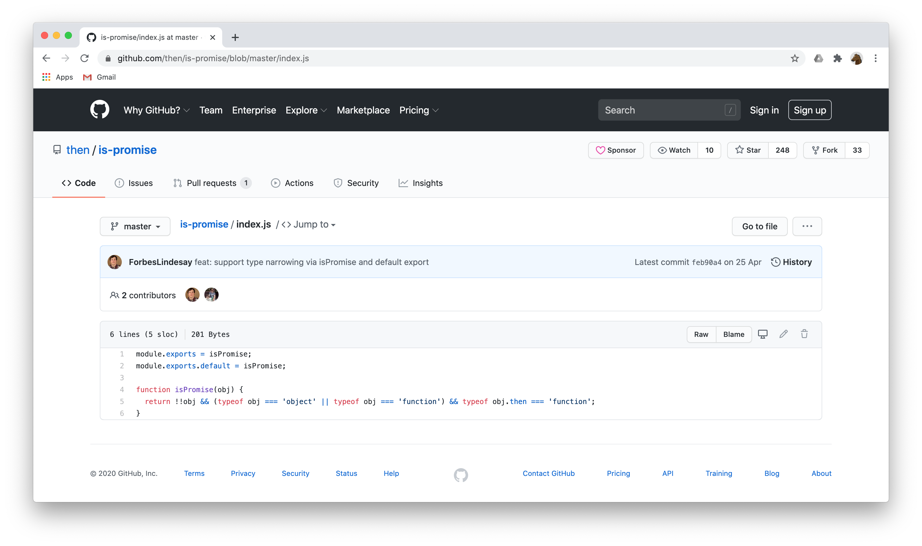 Github screenshot showing is-promise code