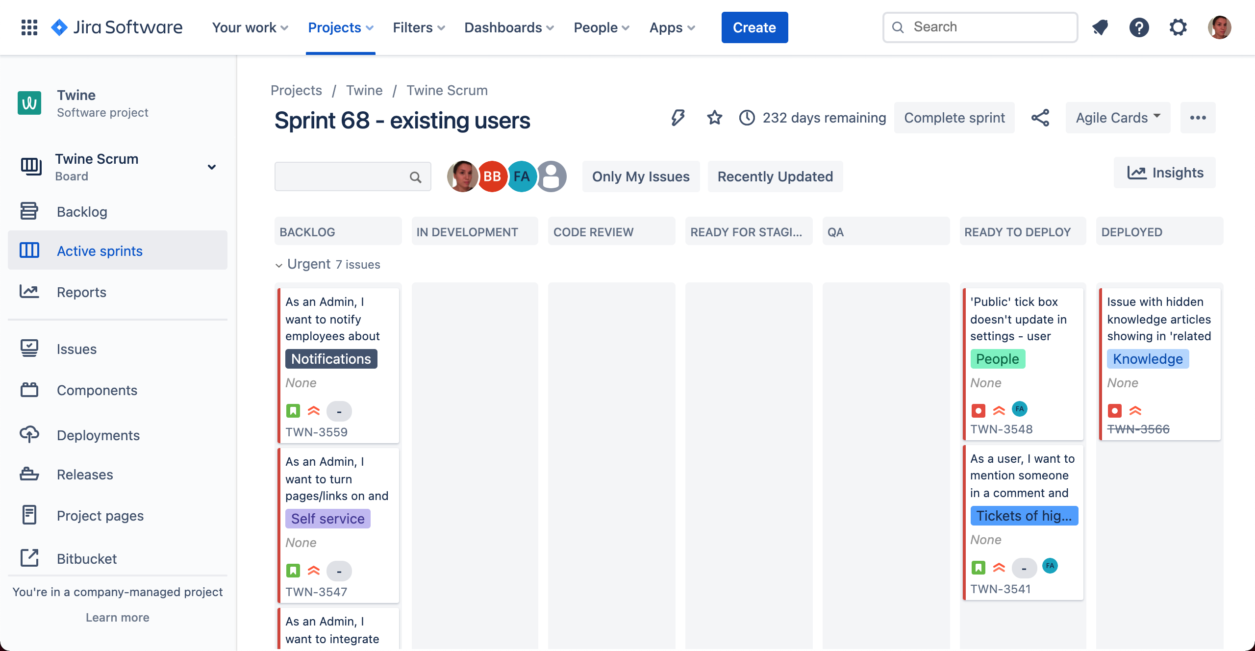 Screenshot of a Jira sprint