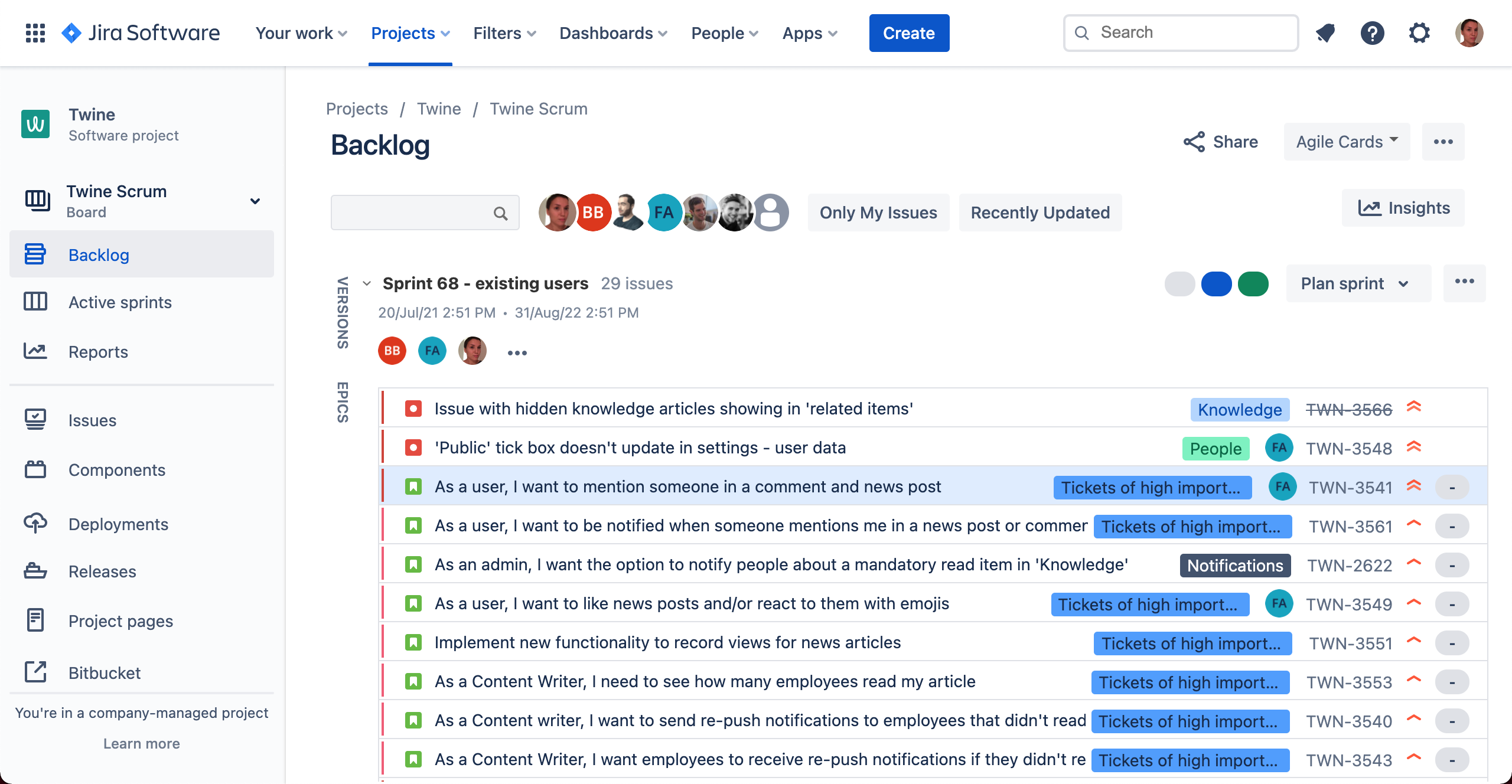 Screenshot of a Jira product backlog