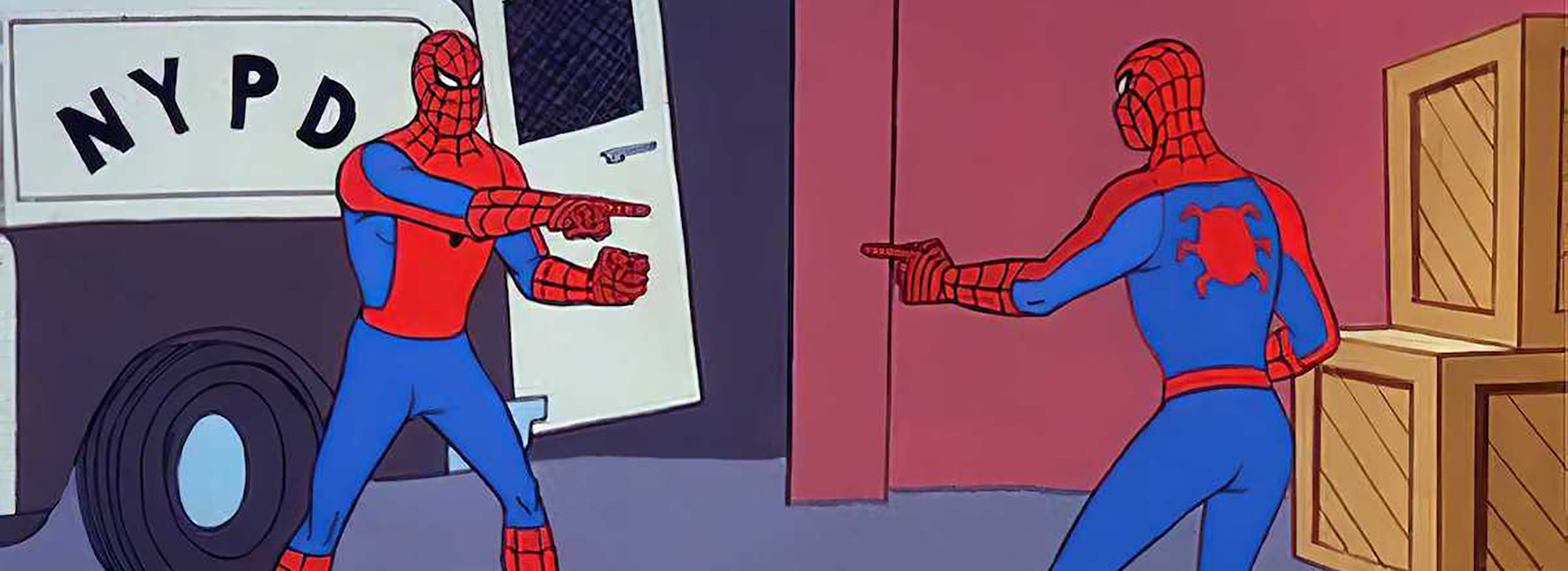 Two spidermen point at each other