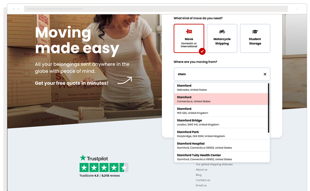 drop down menu for location choice for opening homepage of quote system
