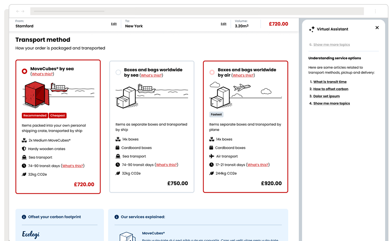 transport method choice interface with offset carbon options